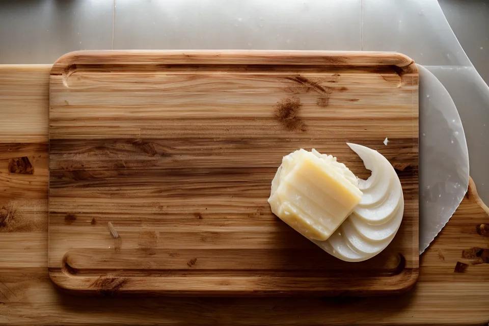 Bloque de glicerina natural cortado en cubos sobre tabla de madera para jabones artesanales