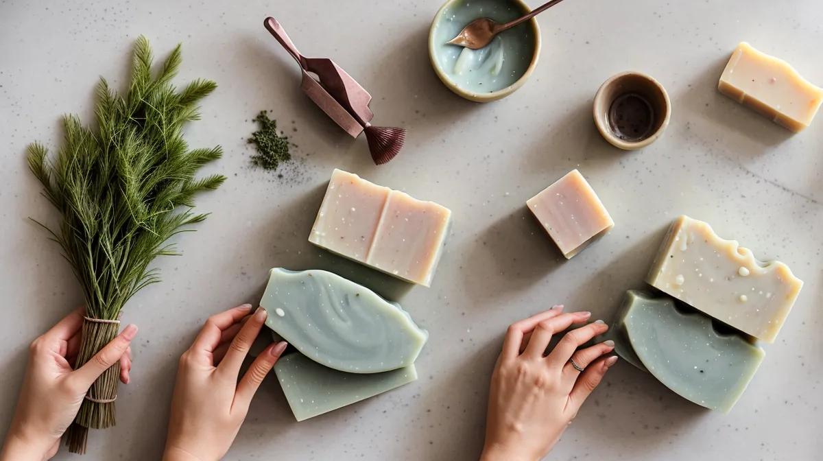 Manualidades creativas de sábado: velas de soja y jabones artesanales sobre una mesa de trabajo en casa
