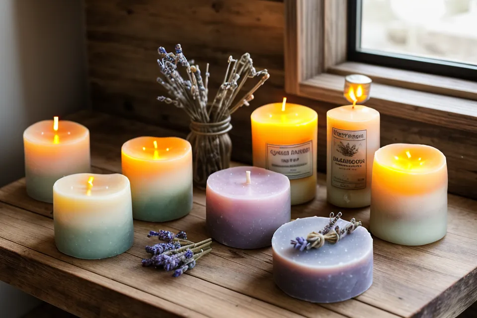 Jabones de glicerina y velas artesanales terminados, listos para regalar