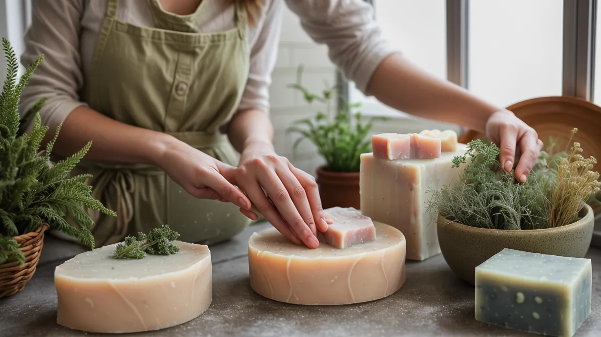 Calculadora de recetas para jabones artesanales de glicerina natural sobre la mesa de la cocina