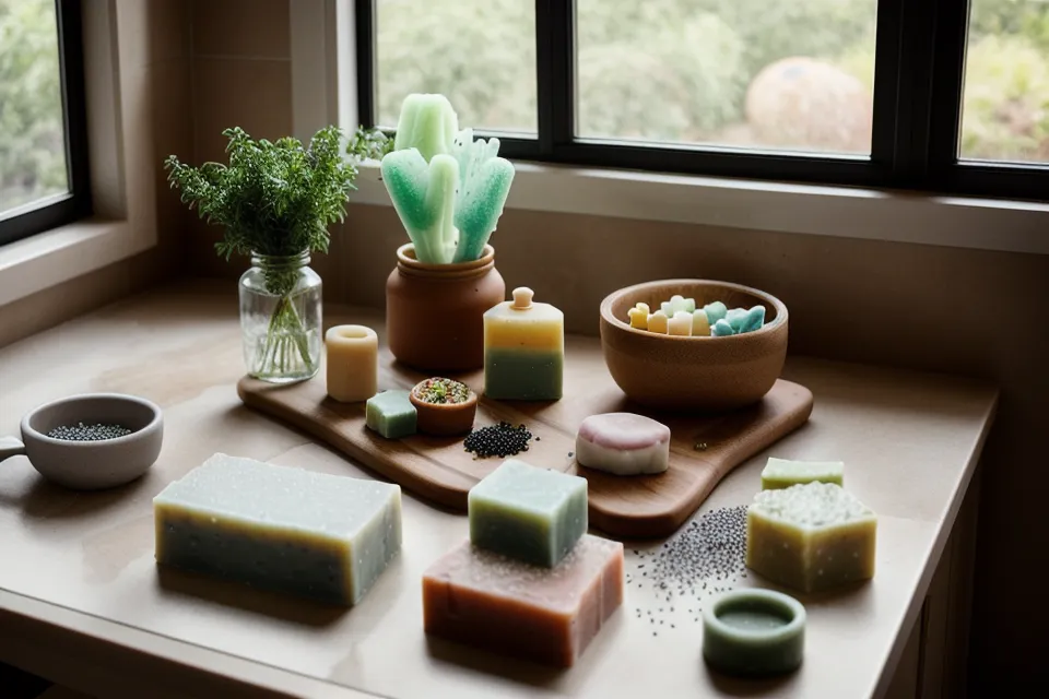 Frascos con semillas de amapola y café molido, dos exfoliantes naturales, junto a la base de jabón de glicerina