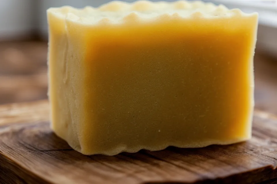 Primer plano de un jabón de glicerina casero con esponja de lufa natural integrada como exfoliante
