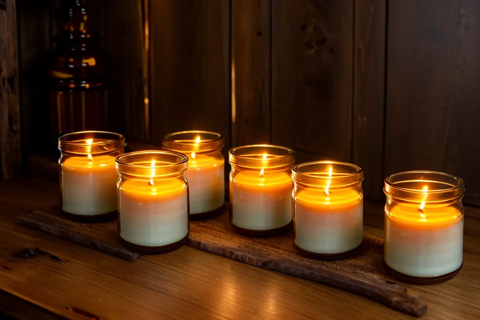 Velas artesanales de cera de soja reposando en un estante de madera durante su curado