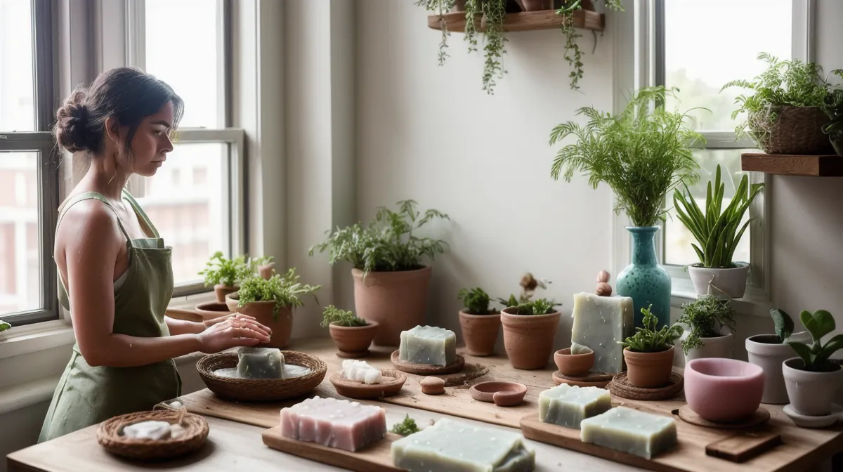 Cursos online de velas de soja y jabones artesanales para principiantes: mesa de trabajo con piezas recién hechas