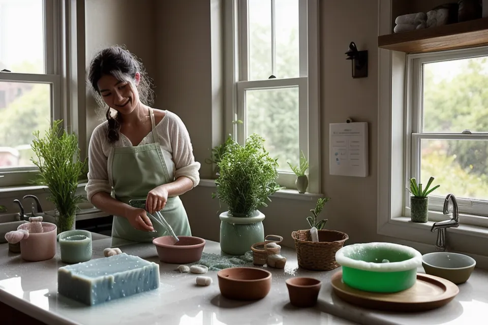 Jabones artesanales de glicerina recién cortados sobre una tabla de madera, parte del hobby creativo de manualidades