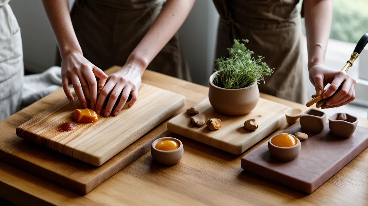 Velas artesanales en moldes de silicona con formas creativas sobre la mesa de la cocina