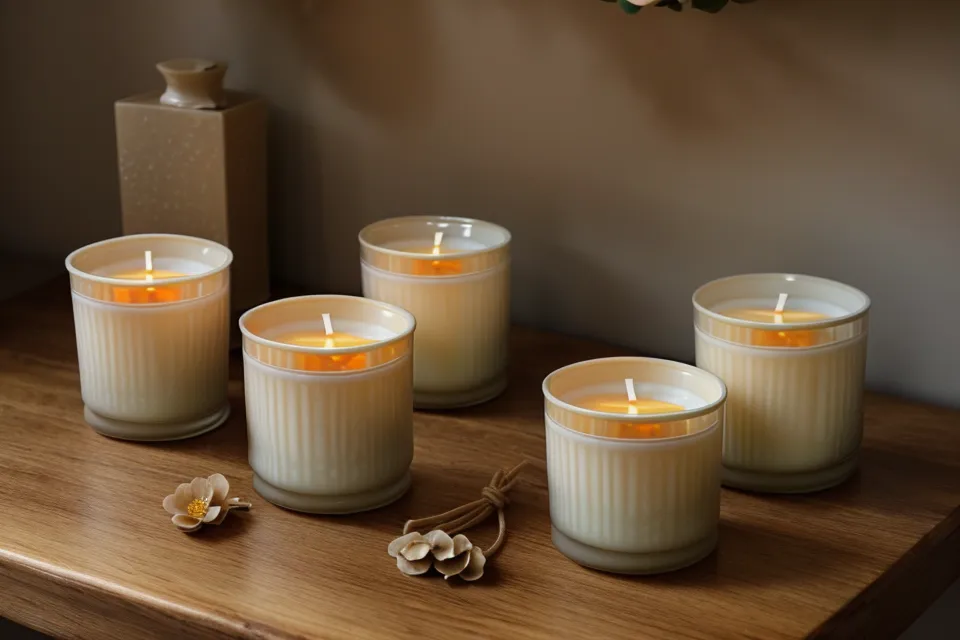 Velas de soja artesanales con formas creativas reposando en una estantería después de desmoldar