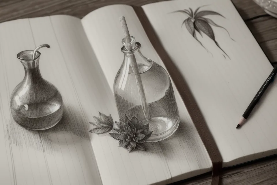 Bocetos de ilustración junto a materiales para moldes de silicona caseros, el punto de partida de la creatividad en casa.