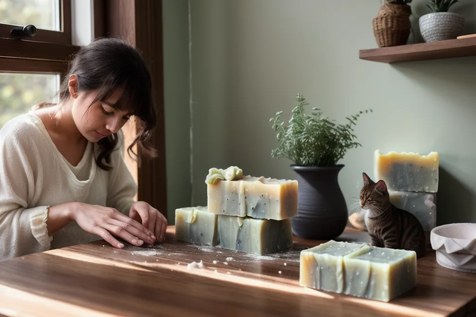 Vela artesanal de cera de soja encendida aromatizando la casa con humo suave