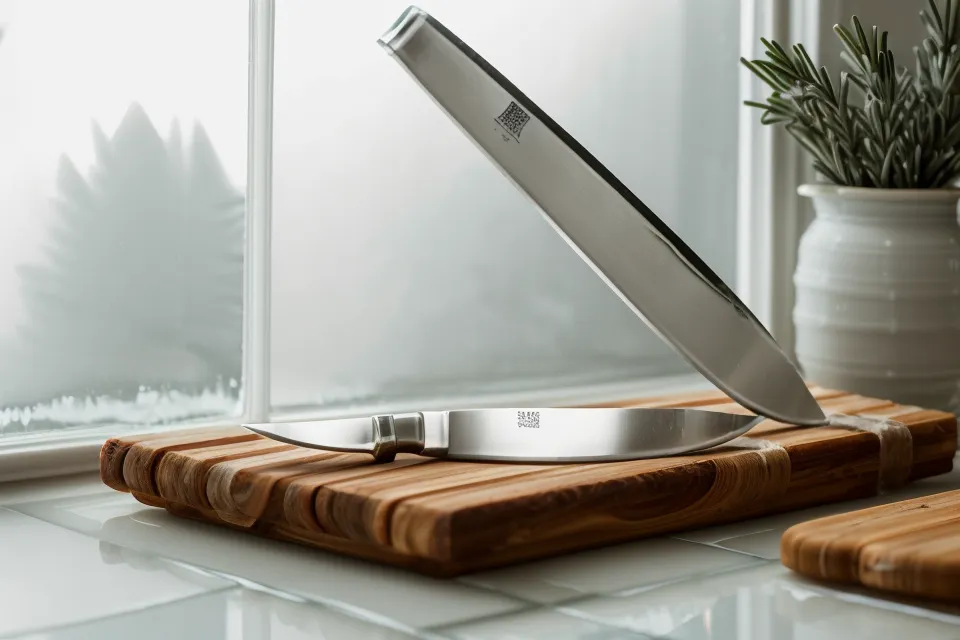 Jabón artesanal de glicerina: cuchillo cortando el bloque transparente sobre la tabla de madera de la cocina