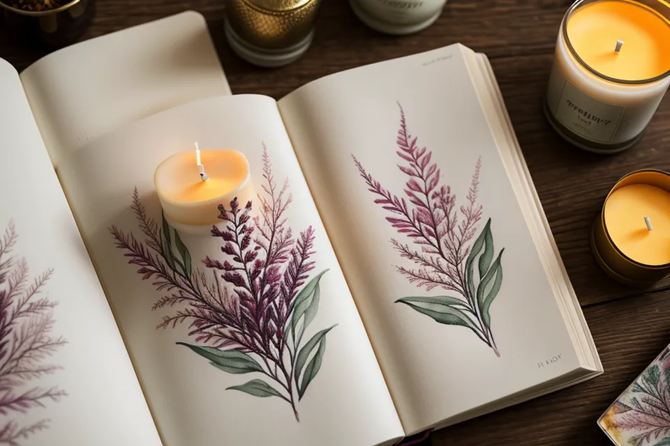 Vela aromática de cera de soja encendida junto a un cuaderno de bocetos durante una tarde de manualidades