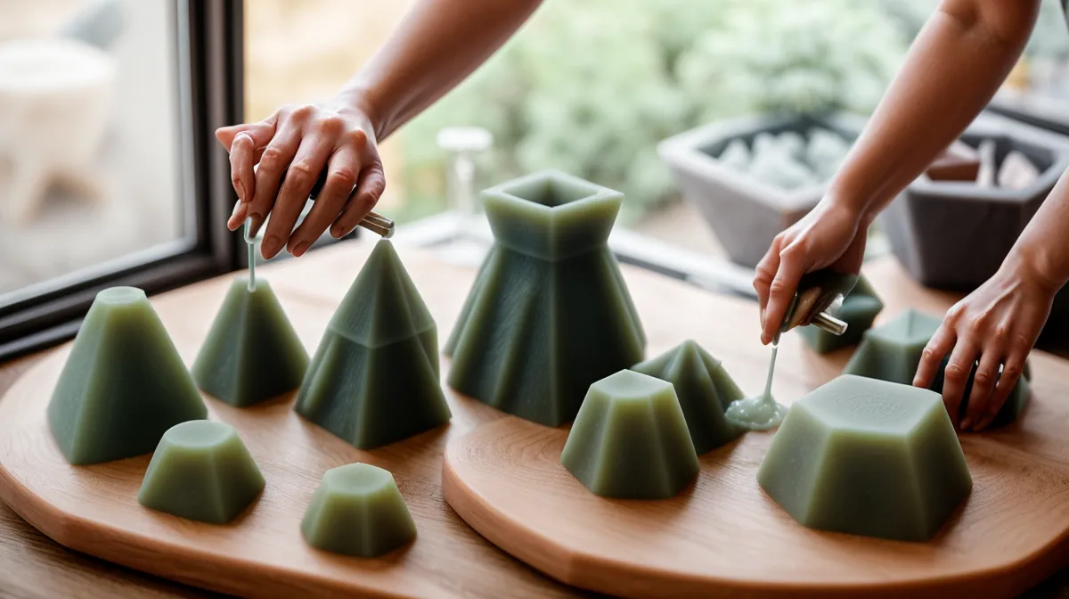 Velas artesanales con moldes geométricos de cera de soja decorando un espacio de trabajo en un taller en casa