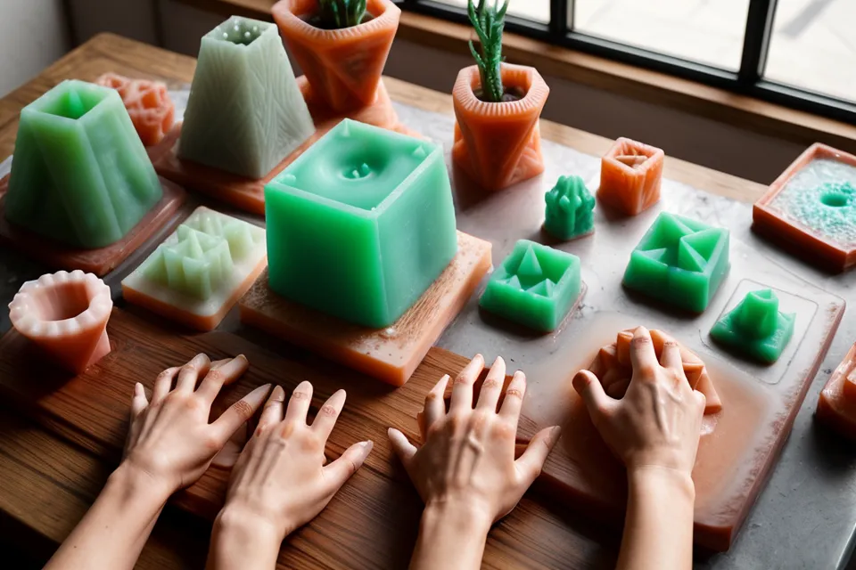 Escamas de cera de soja derritiéndose en una jarra de metal antes de verterse en moldes geométricos para velas artesanales