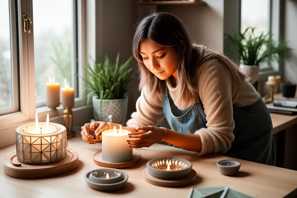 Moldes geométricos de silicona con formas de cubos y pirámides listos para verter velas artesanales de cera de soja