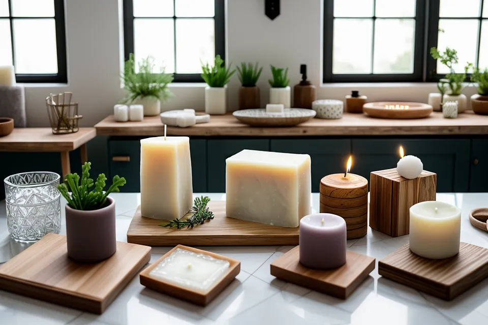 Espacio de trabajo con velas artesanales de moldes geométricos y cera de soja decorando un taller en casa