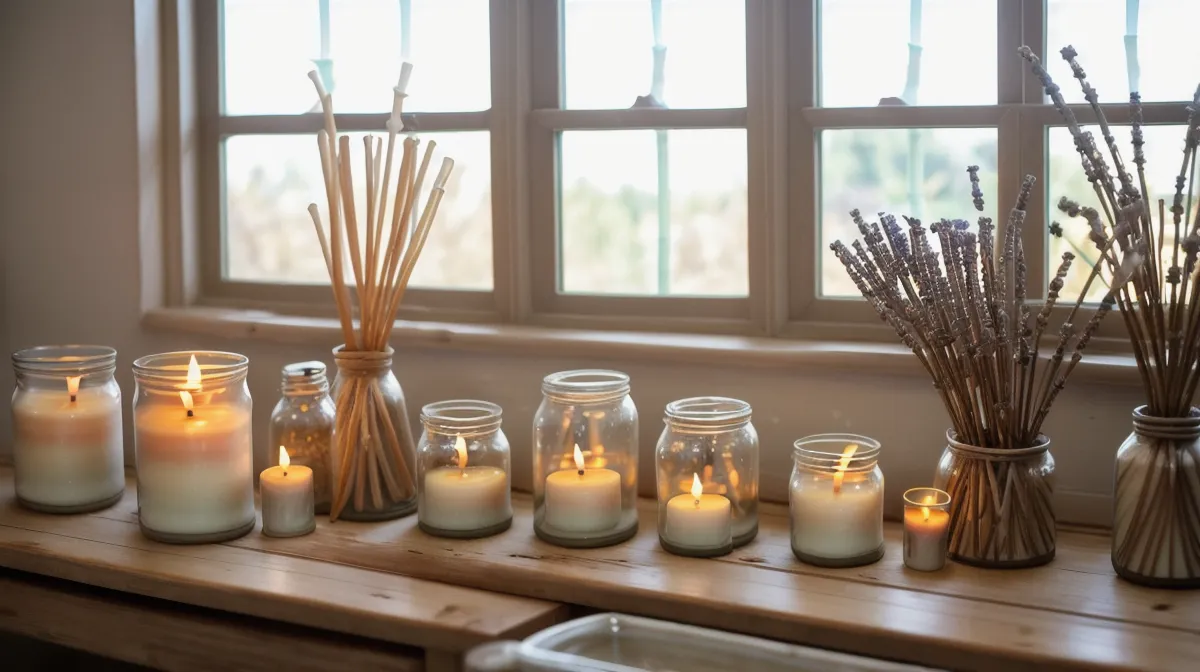 Velas de soja en frascos de vidrio reciclado decorando un rincón artesanal de la casa