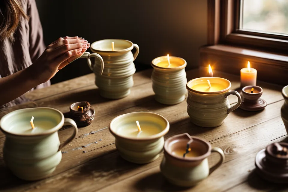Dedo comprobando si el esmalte interior de una taza de cerámica vintage es liso y apto para velas de soja