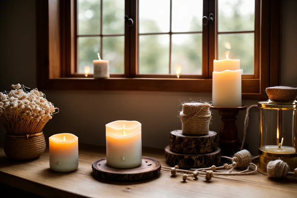 Velas de soja terminadas en tazas de cerámica vintage decorando un estante, ejemplo de reciclaje creativo